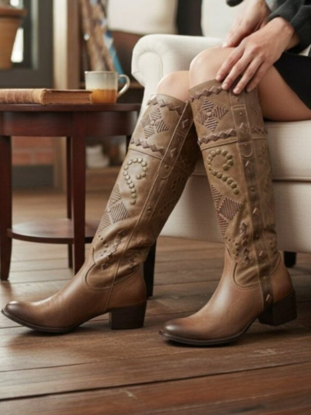 Mark Nason Lovell Vintage Tan Washed Leather Studded Boots, Size 5.5
